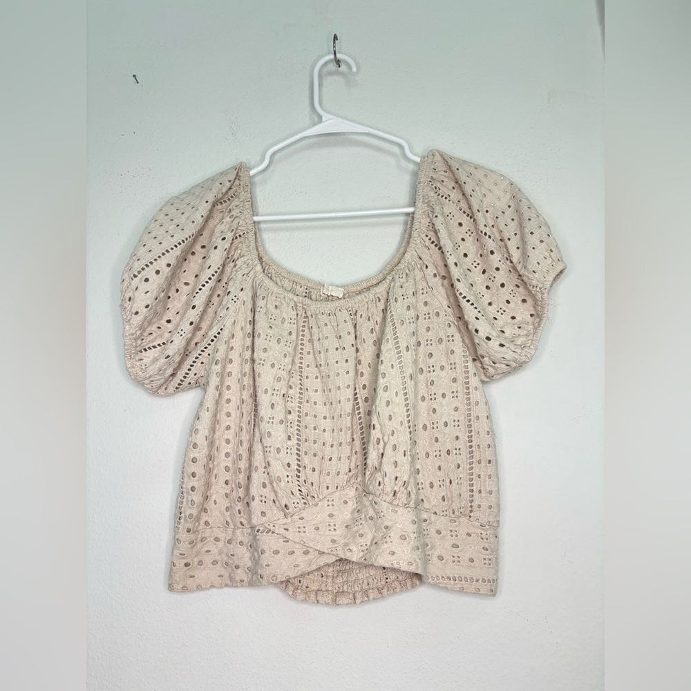 MILO MILANO BEIGE EYELIT CROPPED BLOUSE SZ LARGE